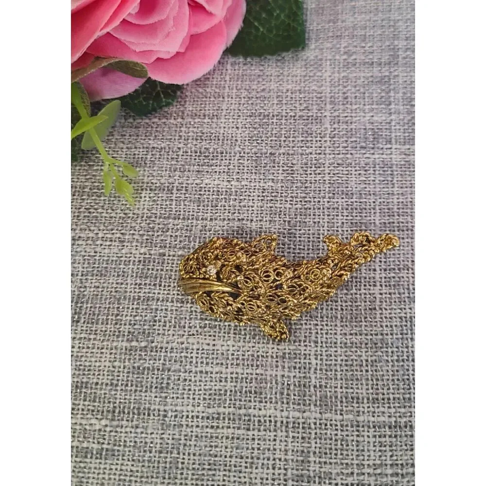 Vintage Filigree Whale Brooch, Rhinestone Eye, 1960's-1970's
